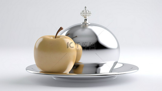 一盘苹果背景图片_白色背景，带有开放金属克洛什和新鲜苹果的 3D 隔离插图