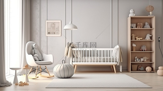现代而温馨的斯堪的纳维亚托儿所设计，配有婴儿床扶手椅玩具和明亮的白色墙壁 3D 渲染图像