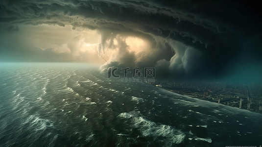 气象播报背景图片_巨大的气旋强烈的风暴和阵风盘旋在海上 3d 插图