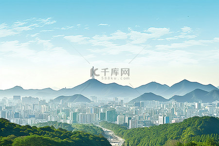 天空与城市背景图片_首尔城市天际线与森林和山脉