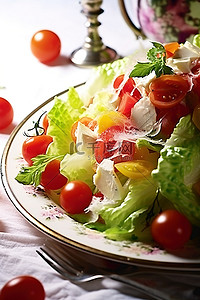 番茄酸辣汤背景图片_沙拉有新鲜的番茄青椒和生菜