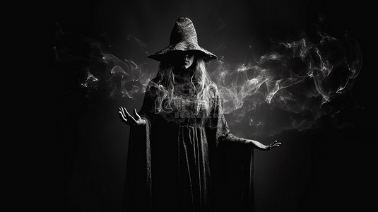 阴险女巫的怪异阴影在单色 3D 故障中召唤咒语