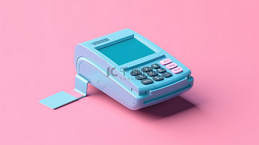 蓝色背景上的 3D 渲染双色调粉色信用卡支付终端