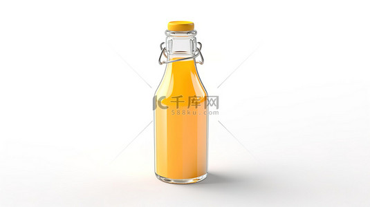 白色背景上装满橙汁的孤立玻璃瓶的 3D 渲染