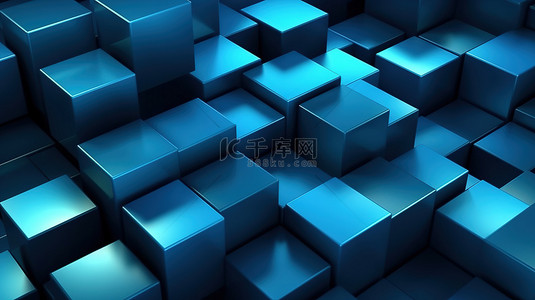 豪华蓝色方块图案中的动态几何风格为商业 3D 插图提供优雅的抽象背景
