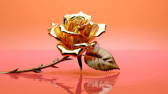 情人节剪贴画背景图片_闪闪发光的金色玫瑰在反光粉红色背景 3d 渲染上闪闪发光