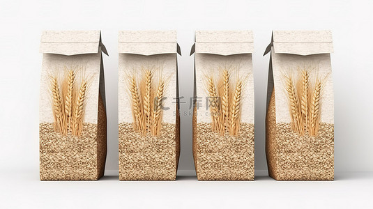 全麦面包背景图片_白色背景下全麦有机面粉纸袋的 3D 渲染