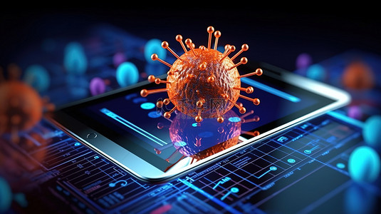 冠状病毒症状背景图片_数字平板电脑上病毒和图形的 3D 渲染
