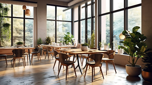 餐厅或咖啡馆用餐空间的 3D 渲染