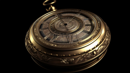 老式钟表 3D 插图，显示黑色隔离背景上的古董金色圆形时钟，带有秒表图标徽标和计时器