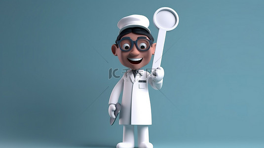 卡通温度计背景图片_卡通医生角色在 3D 渲染中将空白温度计模型举过头顶