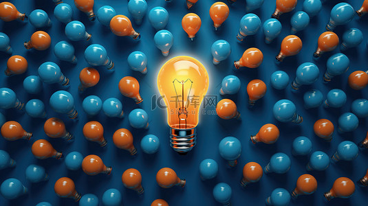 橙色灯泡在蓝色背景顶视图上的蓝色灯泡中脱颖而出，代表想法 3D 渲染