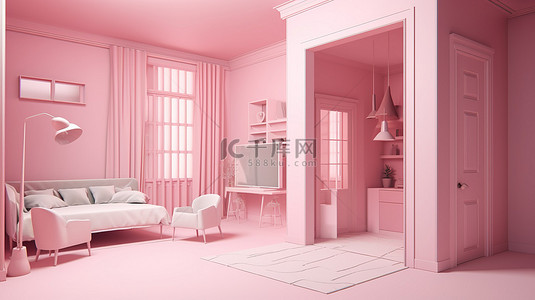 粉红色背景下的两居室公寓房 3D 室内空纸模型渲染