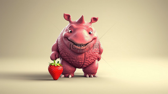 有趣的犀牛卡通片，手里拿着一个大草莓