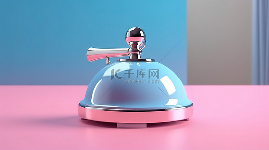 蓝色接待服务铃的模型，在 3D 渲染的充满活力的粉红色背景上带有响铃警报