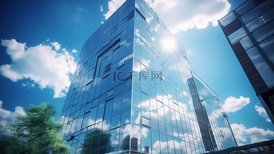 商业地产背景图片_从低角度视图 3D 渲染捕捉到的云反射在窗户上的未来派摩天大楼办公楼