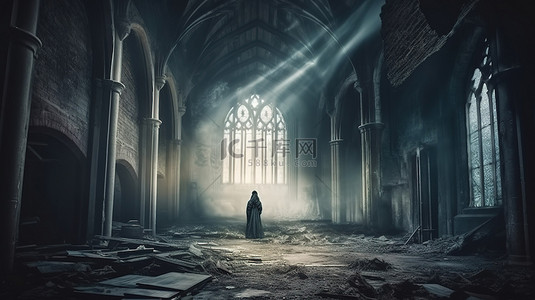 令人毛骨悚然的维多利亚景观闹鬼的教堂废墟，在黑暗和喜怒无常的照片风格 3D 渲染中
