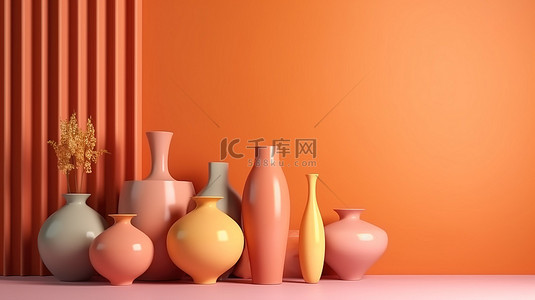 柔和的花瓶家居装饰，采用 3D 渲染室内设计，带有橙色墙壁复制空间插图