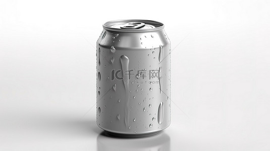 带水滴的铝罐的白色背景 3D 渲染