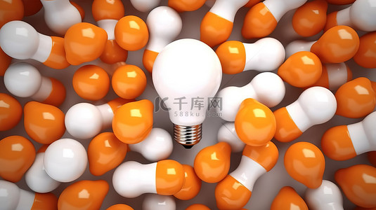 从上面看，一个橙色灯泡在白色背景上的白色灯泡海洋中闪闪发光，激发创意 3D 渲染