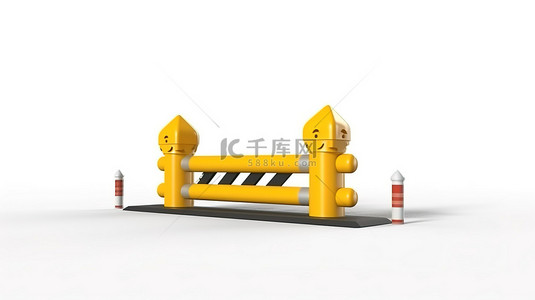 白色背景与黄色卡通车被道路汽车屏障阻挡的 3D 渲染