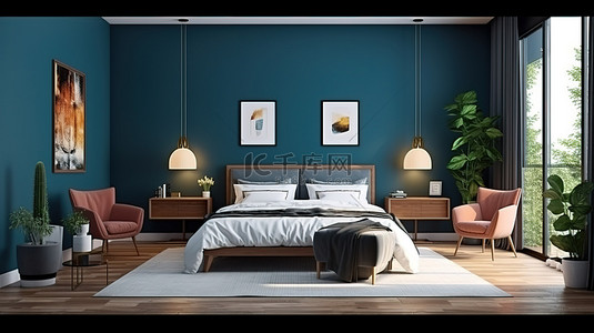 现代卧室的 3D 渲染，配有深蓝色墙壁浅色家具和配套的棕色椅子