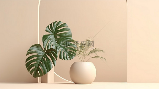 米色柔和底座的简约风格 3D 渲染，带有 Monstera 树叶阴影，用于产品广告