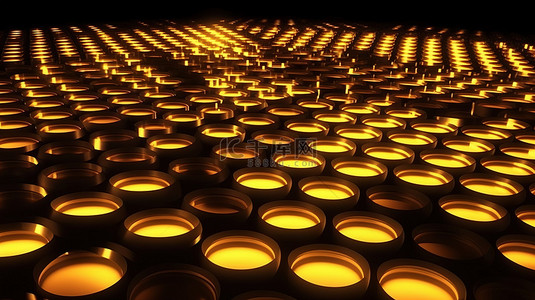 在灯光的辉光下，一排排黄色圆形图案的 3D 插图