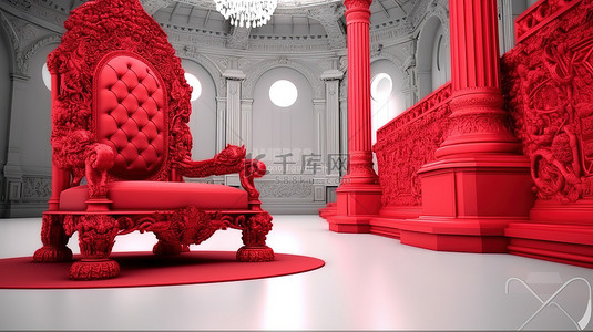 全网独家独款字背景图片_豪华的红色宝座，配有 3D 渲染的皇家椅子和适合国王的红地毯
