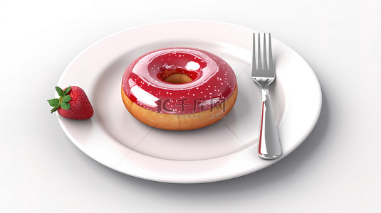 白色背景 3D 渲染上带叉子和刀的大草莓粉色釉面甜甜圈的顶部视图