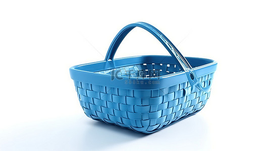 白色背景上单独站立的蓝色购物篮的 3D 渲染图像