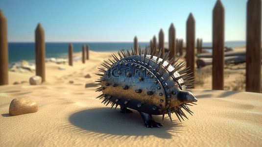 刺猬背景图片_3d 渲染刺猬路障与刺铁丝在海洋海滩背景上的反坦克防御