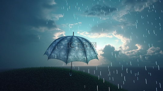 雨云下雨伞文本 3D 渲染的雨季背景空间