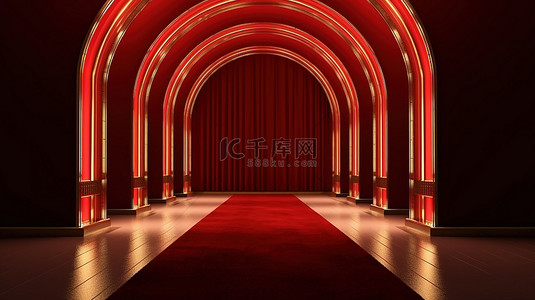 全网独家独款字背景图片_宏伟的入口 3D 渲染的豪华金色屏障，配有红地毯和拱形走道，通向长隧道中的 VIP 门口