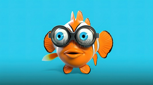 水中动物背景图片_卡通红海小丑鱼的 3D 渲染，戴着太阳镜，在蓝色背景上玩得开心