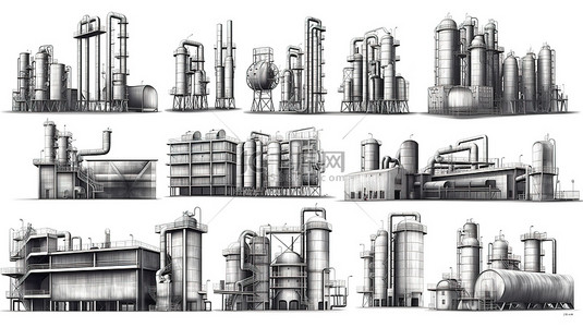 工业设施和设备锅炉桶和工厂单色设计元素的集合