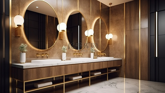 洗手间背景图片_用 3d 中的黄铜和木质元素渲染浴室和洗手间