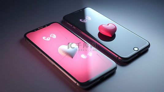 数字世界中的爱情鸟 3D 渲染两台智能手机，带有表示爱情和通知的心形图标