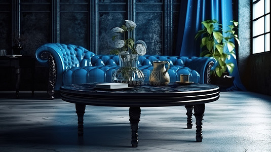 现代装饰风格背景图片_哥特式风格的休息室设有时尚的深蓝色咖啡桌和以 3D 数字方式呈现的现代装饰