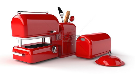 白色背景 3D 渲染上装满现代厨房用具的红色邮箱