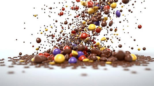 巧克力洒在白色孤立背景上的 3D 插图