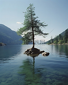 一棵树在湖水清澈的地方