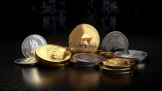 背景上装饰有比特币以太币狗狗币和莱特币的 3D 渲染加密货币符号的硬币