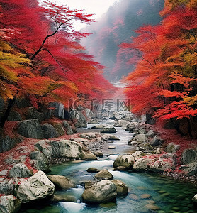 枫叶中背景图片_背景中有红叶的河流