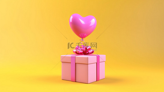 带有心形气球和粉色礼盒的黄色背景的 3d 渲染图