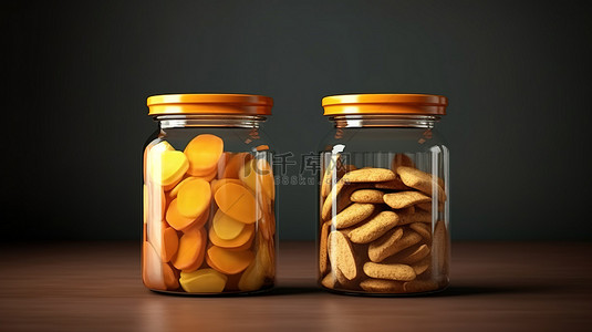 杯子瓶子罐子背景图片_带有 3D 渲染食物的罐子模型