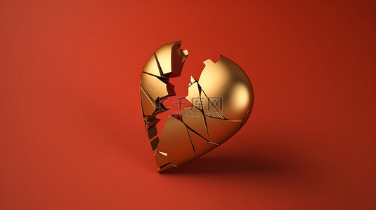 金属红色背景上显示的破碎心脏金色心脏骨折的图形 3D 生成的社交网络符号