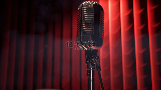 红色窗帘舞台的 3D 插图，支架上有黑色麦克风，散景模糊效果