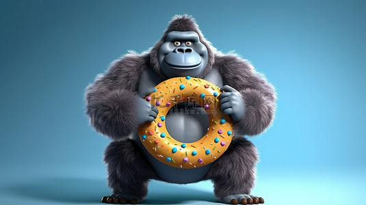 滑稽的背景图片_滑稽的 3D 超重大猩猩与标志和甜甜圈合影