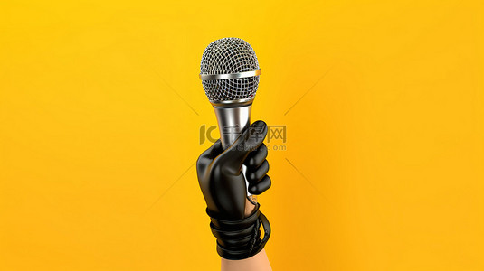声音背景背景图片_插图 3D 渲染，展示了一只戴着黑色皮革手镯的卡通手，在充满活力的黄色背景下拿着麦克风